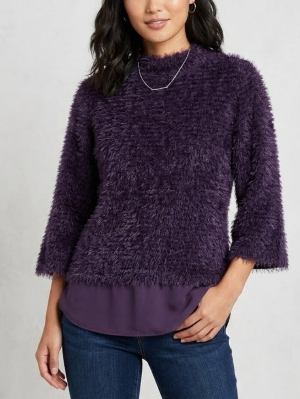 Vince Camuto Eyelash Opulent Mood Purple Mock Neck Shirttail Hem Sweater Top
